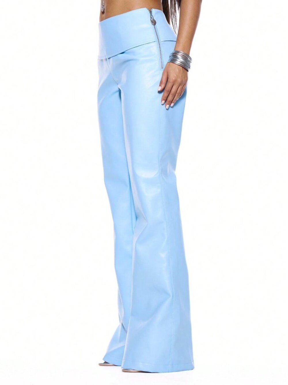 Mint Green Casual Women's Low Rise Folded Waistband Flared Pants